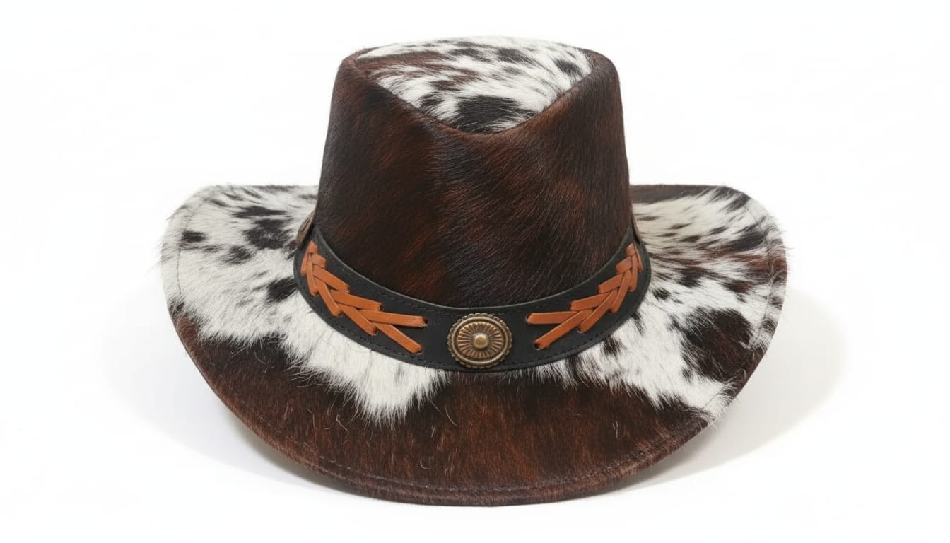 Unisex brown White black NaturalCowhide Leather Cowboy Hat Wide Brim Western Hat