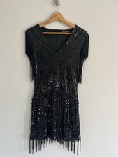BABEYOND Black Sequin Fringe Flapper Dress XS Short Sleeve V-Neck Gatsby Party