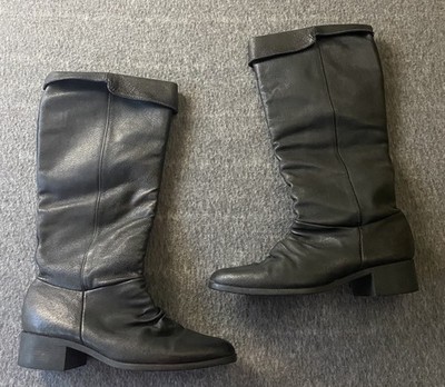 Womens Basic Editions Black Leather Tall Boots Size 8.5 Vintage 90s Folded Cuff