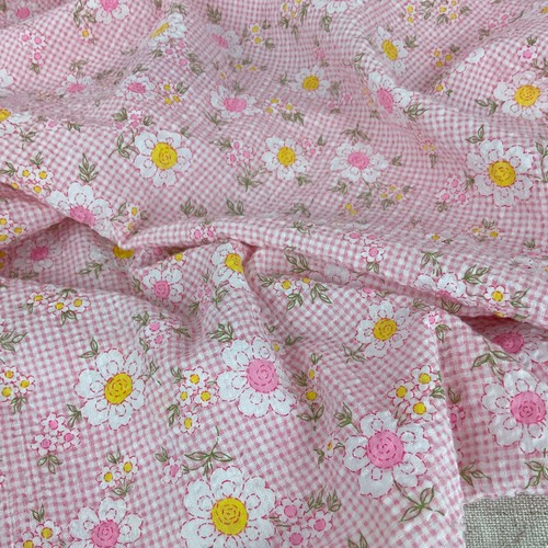 Vintage Floral Gingham Cotton Fabric 99" x 35" Cottagecore Sewing Yardage