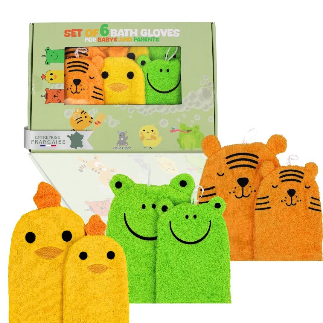 Gants de toilette bébé et parents en coton pour le bain des enfants, thème animaux tigre