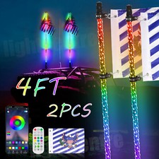Pair 4ft RGB Spiral LED Whip Lights Antenna Chase + US Flag & Remote for ATV UTV