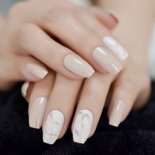 24 Medium Press on nails kit w glue cream marble tan coffin nude