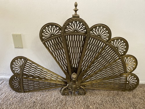 Peacock Brass Folding Fireplace Screen Fan Griffin Gargoyle Antique BROKEN READ! - Picture 4 of 24