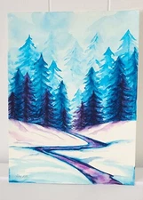 9x12 Watercolor & Ink Painting Snowscape Pine Trees River Ice Blue Purple