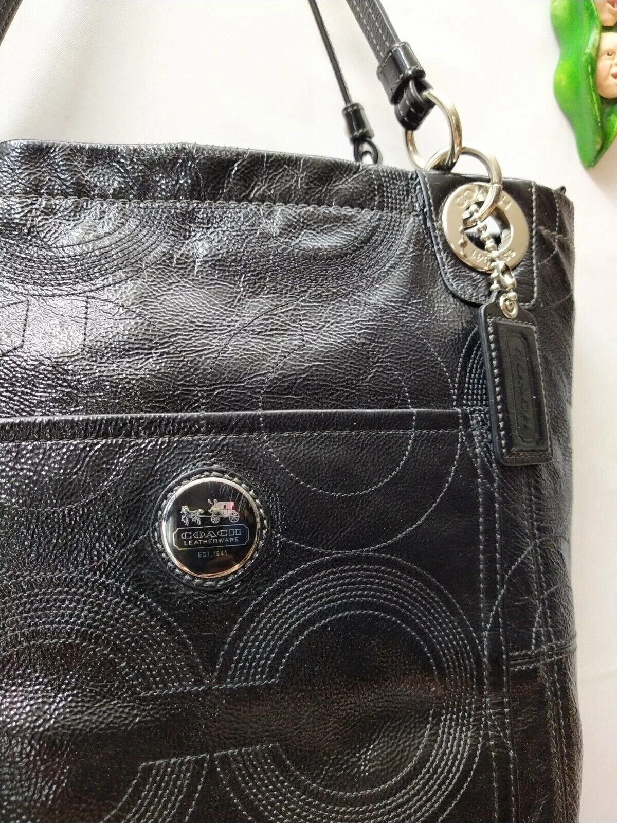 Borsa a tracolla Coach Alex Signature in pelle verniciata nera doppia maniglia