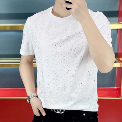 New Men Luxury Diamond Rhinestones Black White T-Shirt High Quality