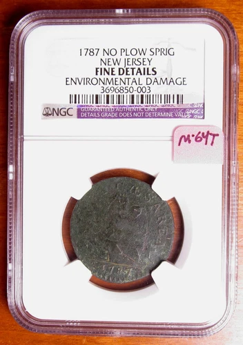 1787 New Jersey Copper No Plow Sprig M-64T NGC Fine Details