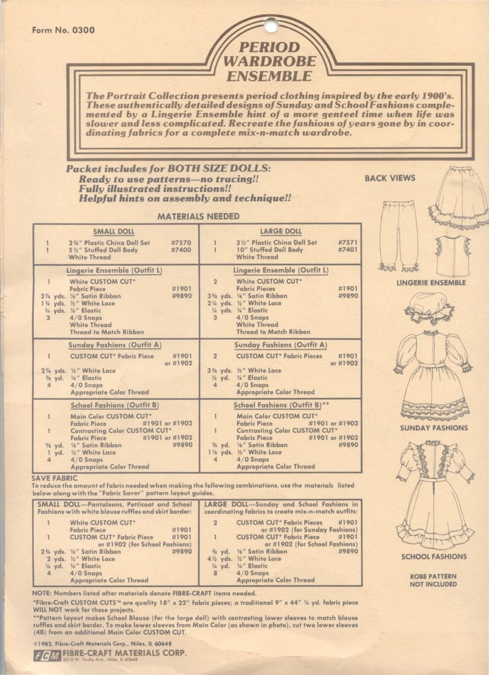 FIBRE-CRAFT THE PORTRAIT COLLECTION DOLL CLOTHES SEWING PATTERN 1982 UC - Image 4 of 4