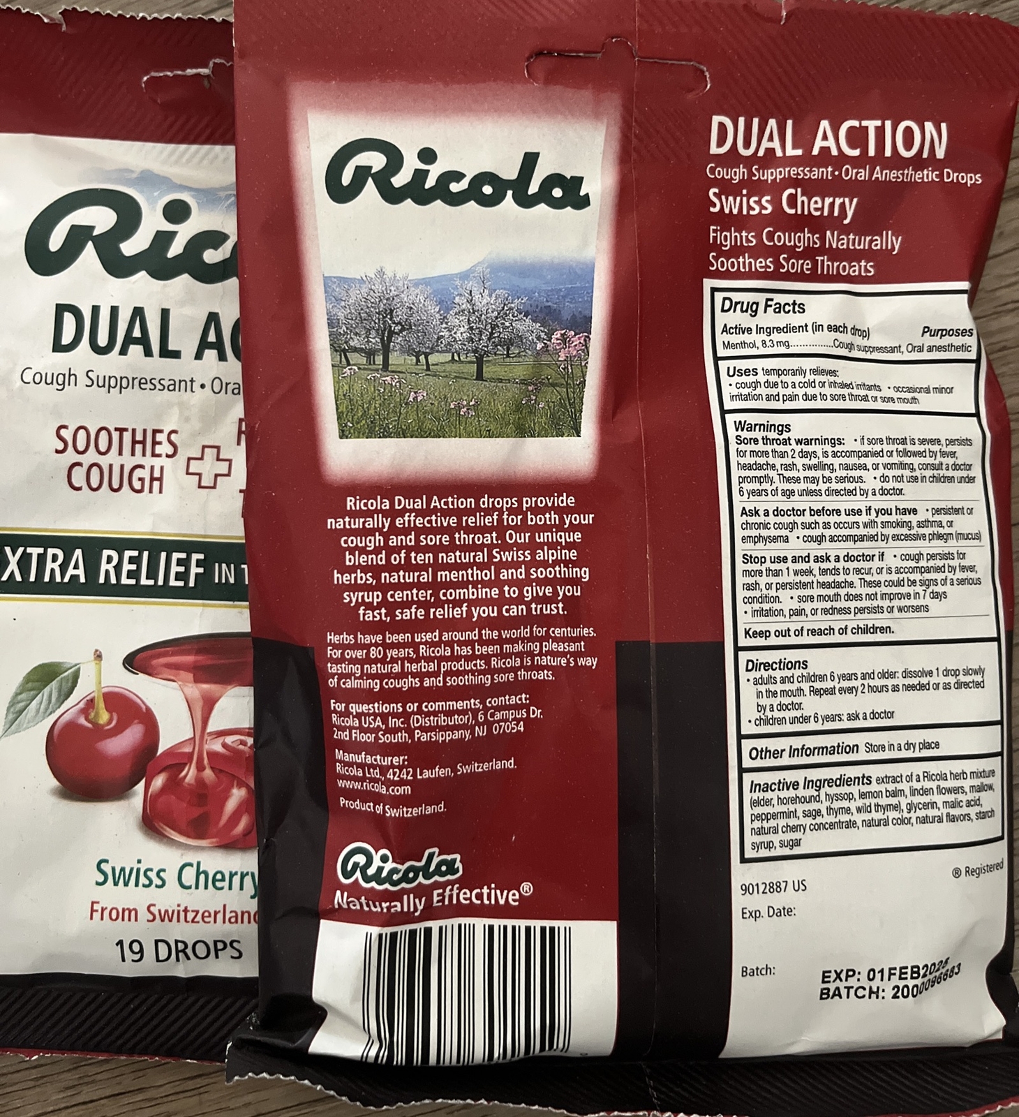 2 Pack RICOLA Cough Drops Dual Action 19 drops Each SWISS CHERRY Exp 2/