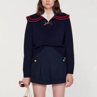 Sandro Sailor Collared Knit Top Long Sleeve Loose Sweater Top for Women