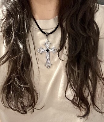 Silver Gothic Cross Necklace Floral Design Big Punk Silver Tone