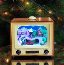 6" H Brown Red Retro TV with Mountain Scene (Animated Train) - LED Lights, 8 Cla