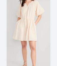 Old Navy Women's XS Waist-Defined Puff-Sleeve Mini Poet Dress Creamsicle Color