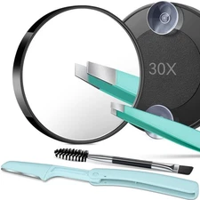 TsMADDTs 30X Magnifying Mirror and Tweezers Kit, Small Magnifying Makeup Mirror 