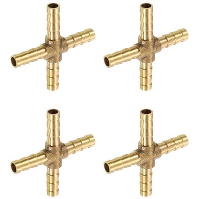 4Pcs Brass 4 Way Pipe Fitting, 1/4'' (6mm) Cross Barb Union Fitting Pipe Adapter