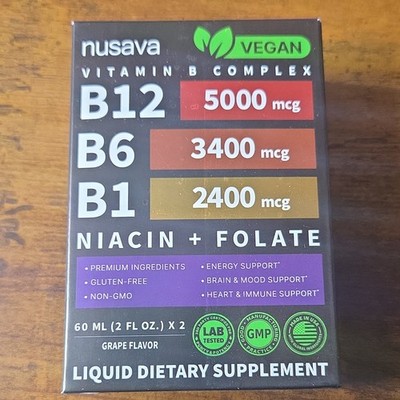 Nusava Vegan Vitamin B Complex Liquid Drops B12 5000mcg Grape 2x60mL