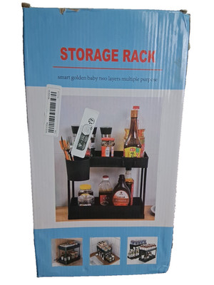 Multipurpose Two-Layer Storage Rack Black Plastic with Hooks under sink storage