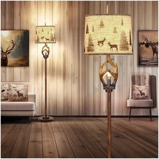 Scenekoy Rustic Farmhouse Antlers Floor Lamp with Nightlight Brown Finish Rou...