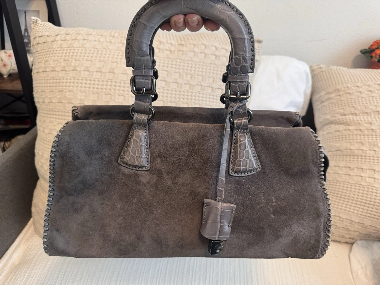Giorgio Armani — Giorgio Armani Italy Suede Croc Embossed Leather Satchel Bag Taupe Gray