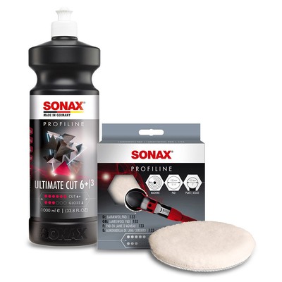 SONAX 1x 1 L PROFILINE ULTIMATE CUT POLIERMITTEL + LAMMWOLLPAD 133mm POLIEREN