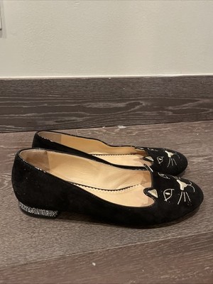 Charlotte Olympia Kitty Flats Women Black Velvet Size 40.5
