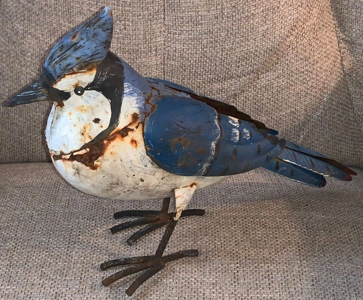 Large Size Hand Painted Blue Jay Metal Bird Figurine Art Realistic