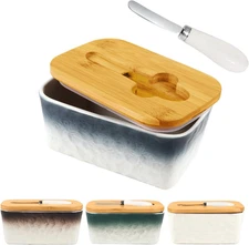 Butter Dish with Lid, 6.5" Large Butter Container for Countertop, Ceramic Blue B