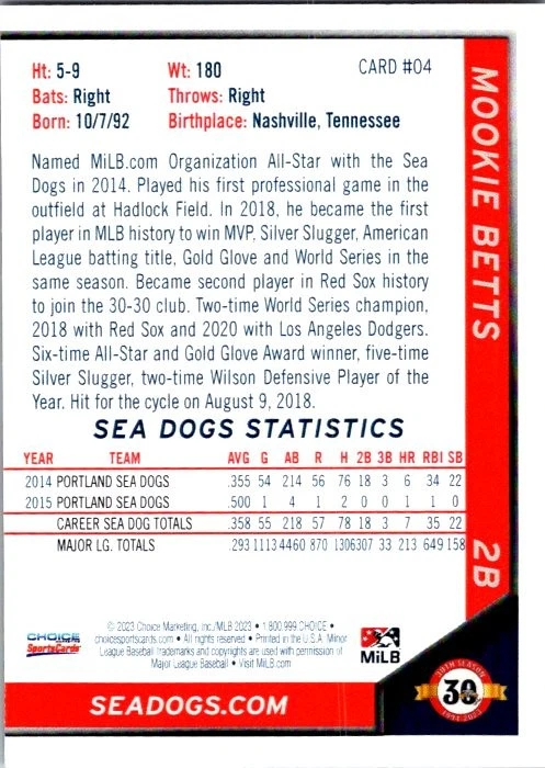 Mookie Betts 2023 Choice Portland Sea Dogs #4 Portland Sea Dogs - Image 2 of 2