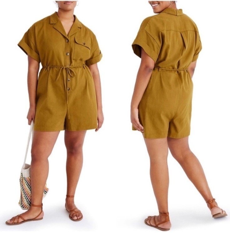 Madewell Belted Safari Romper Womens M  Olive Brown Pockets Short Sleeve Lyocell