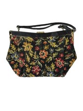 Vtg Floral Needlepoint Handbag Black Leather Frame Purse Cross Stitch Tapestry