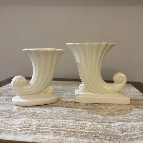 Vintage McCoy Pottery Cornucopia Vases Set of 2 Ivory Ceramic Planters Art Deco