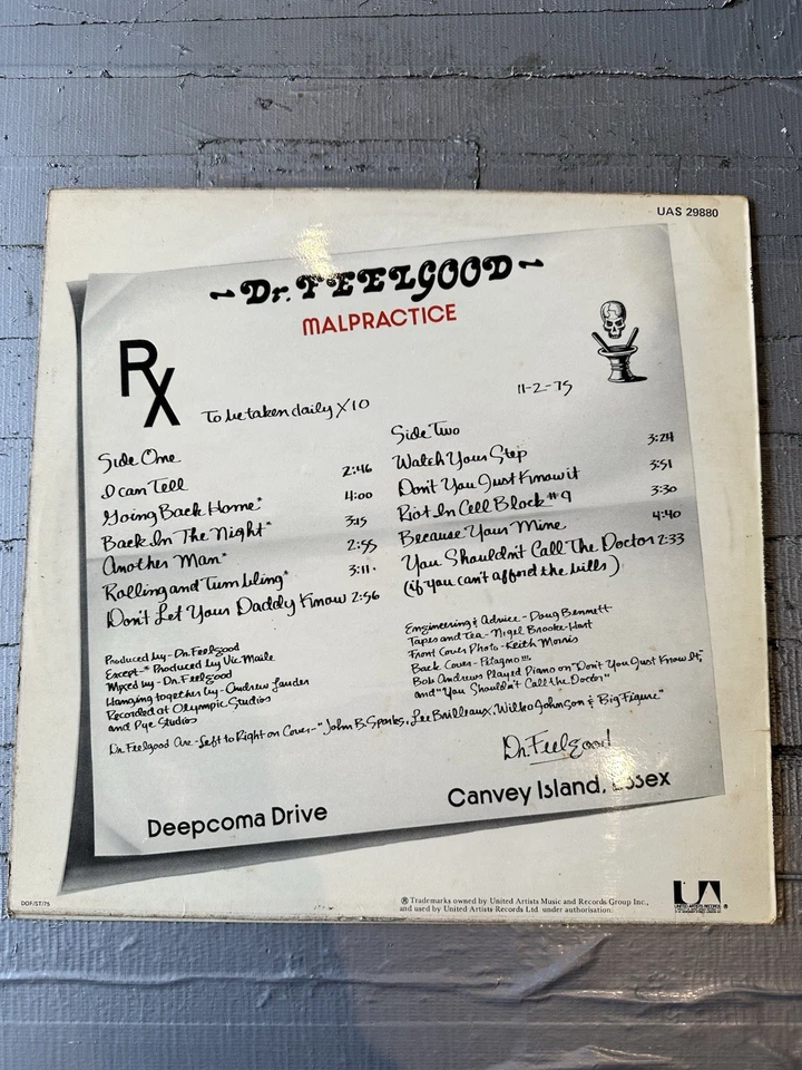 Dr. Feelgood LP Malpractice A-1 B-1 EX Vinyl UAS 29880 EX LAM COVER UK 1st 1975 - Image 2 of 4