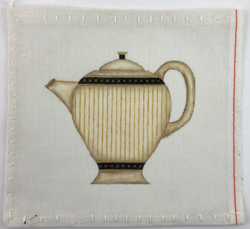 Handpainted Needlepoint Canvas Black & Gold Teapot Embroidery