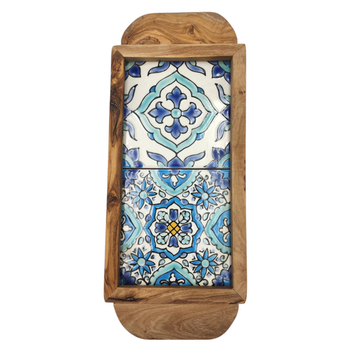 Kamsah Tunisian Blue Ceramic Tile 10.75x4.5 Olive Wood Serving Tray with Handles - Picture 4 of 7