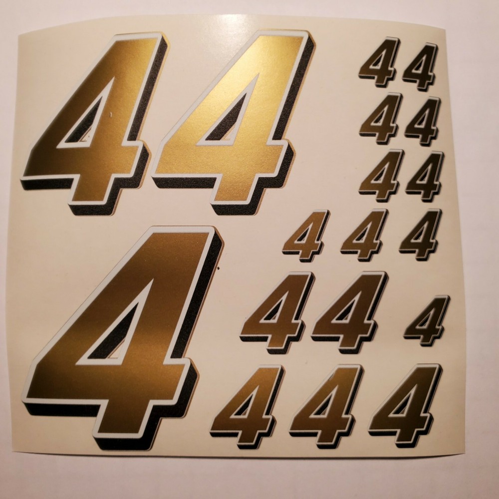 Shiny Gold  w/white & black #4's  Racing Numbers Vinyl Decal Sheet 1/10-1/12