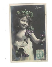 SB2449  YOUNG GIRL DRAPPED IK LACE WITH GRAPES WINE RPPC HAND. COL