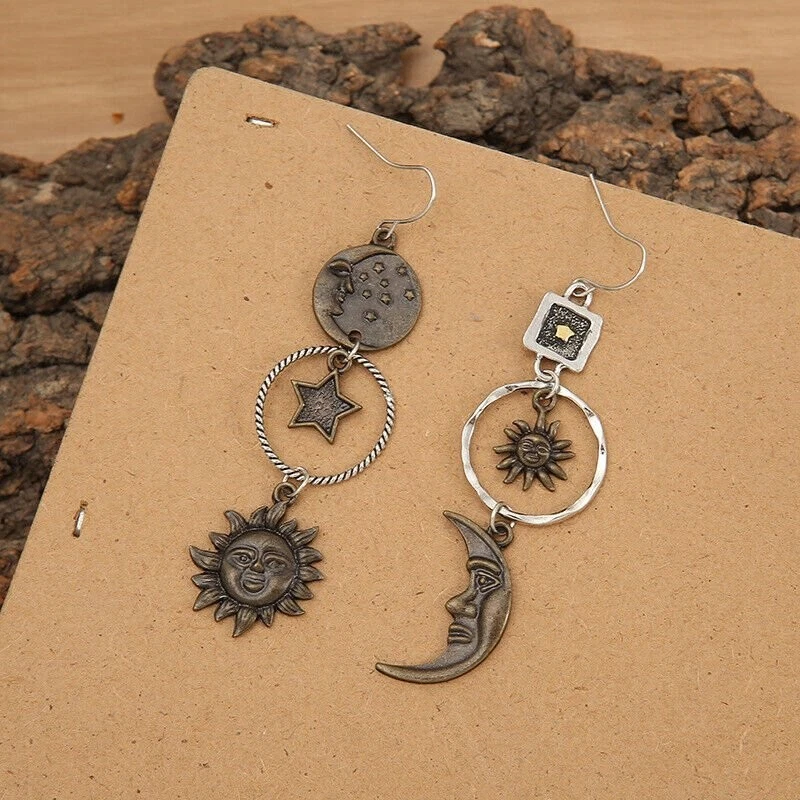 Sun & Moon Earrings, Star, Asymmetrical, Unique, Mixed Metal, Brass, Antiqued - Image 4 of 4