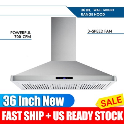 Tieasy 36in Wall Mount Range Hood 700CFM Stainless Steel 3-Speed Fan Touch Panel