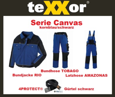 teXXor  Canvas Bundjacke RIO Bundhose TOBAGO Latzhose AMAZONAS kornblau/schwarz