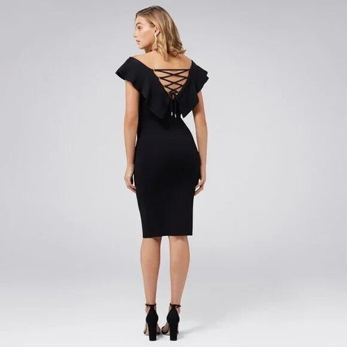 FOREVER NEW Sharna Frill Bardot Black Ruffle Lace Up Winter Knit Midi Dress Sz 8 - Picture 2 of 13