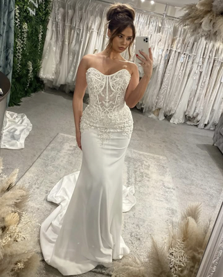 white christmas dresses Luxury Off-Shoulder Satin Mermaid Wedding Gown with Lace-Up Corset and Dramatic Train Plus Size Size 16W main image 0