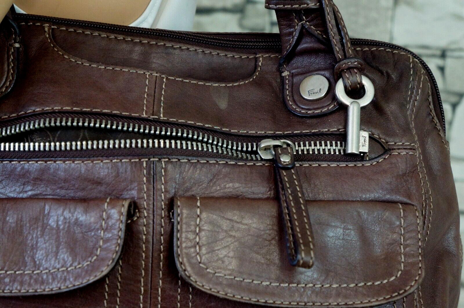 FOSSIL DAMEN ECHT LEDER FREIZEIT HENKEL HAND TASCHE SCHLÜSSEL ANHÄNGER BRAUN