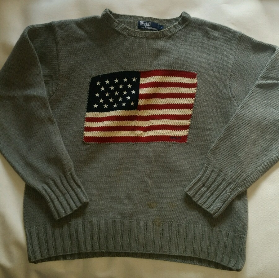 Polo Ralph Lauren RRL Vintage Original Grey USA Flag Knit Crewneck Sweater Large