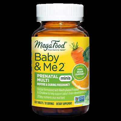 MegaFood Baby and Me 2 Prenatal Multi Minis 120 Tabs Baby's Brain, Folate