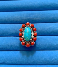 Artisan Crafted South Hill Turquoise, Mediterranean Coral Ring - Size 6  9