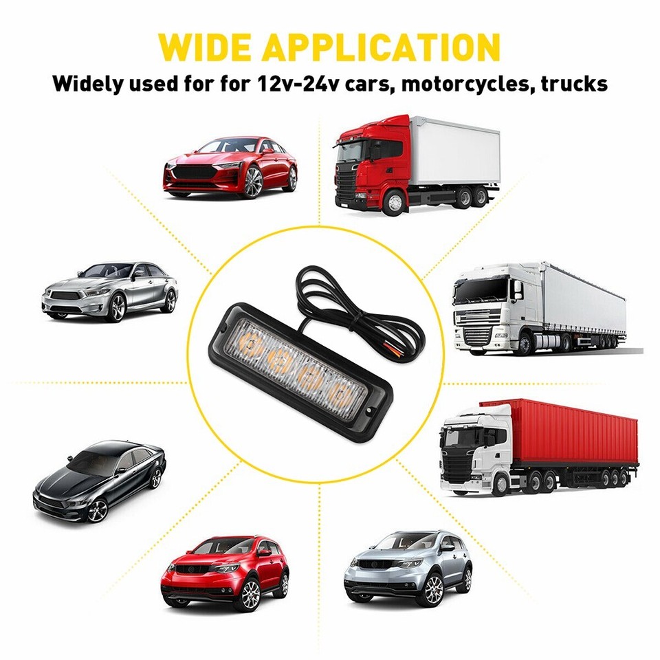 Amber 4 LED Flashing Strobe Beacon Light Kit For Tow Car Truck Trailer