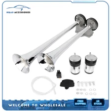 For Car Truck Boat 12V Chrome Train Horn Dual Trumpet Air Horn 2 Compressors Kit