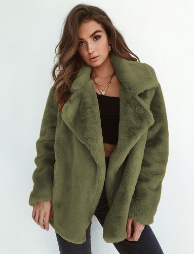 Damen Winter Kunstfell Mantel Kerb Revers vorne offen flauschig warm Jacke Oberbekleidung - Bild 31 von 33