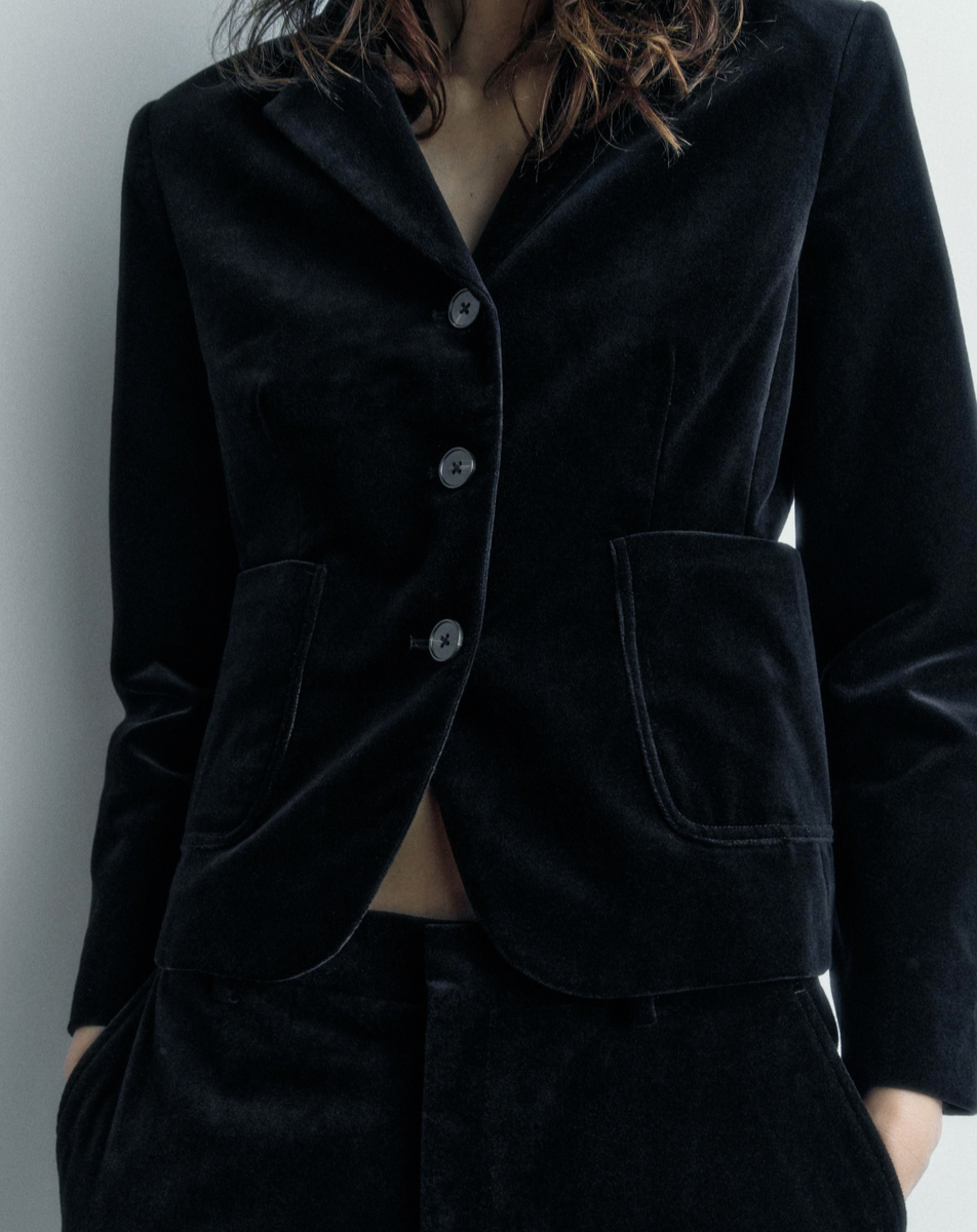 Zara ZW Collection Velvet Blazer Jacket Notched Lapel Black M L XL